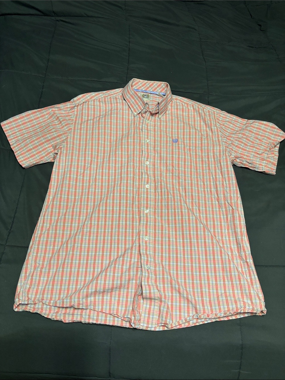 Cinch Coral and White Plaid Short-Sleeve Button-Down Shirt - Logo Chest